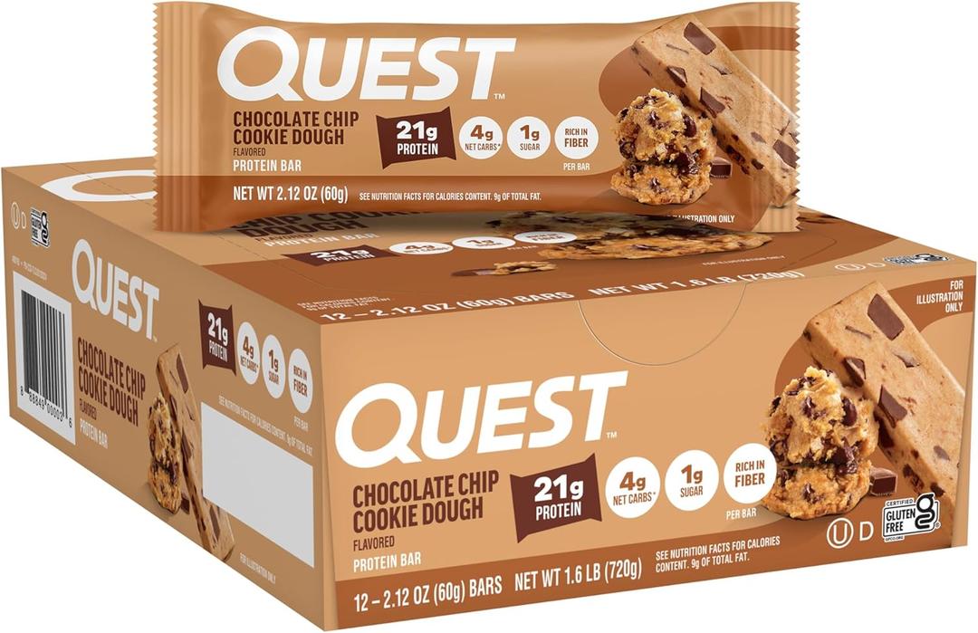 Quest Nutrition Chocolate Chip Cookie Dough Protein Bars, High Protein, Low Carb, Gluten Free, Keto Friendly, 12 Count