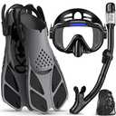 Ubekezele Snorkeling Gear for Adults Men Women,4 in 1 Snorkel Set with Panoramic View Diving Mask Anti-Fog Anti-Leak,Dry Top Snorkel,Fins and Travel Bag for Swimming,Snorkeling and Travel Diving, Size ML/XL 9-13
