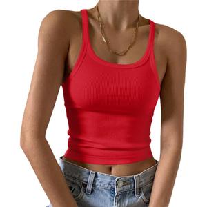 Artfish Women's Sleeveless Tank Top Form Fitting Scoop Neck Ribbed Knit Basic Cami Shirts (01#short Bright Red, Small)