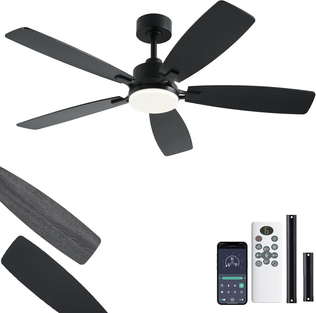 NKPU 52 Inch Ceiling Fans with Lights, Black Ceiling Fan and Remote/App Control, 2 Downrods, DC Reversible, Noiseless, Dimmable, 5 Dual-Sided Blades Modern Ceiling Fan for Indoor/Outdoor Use