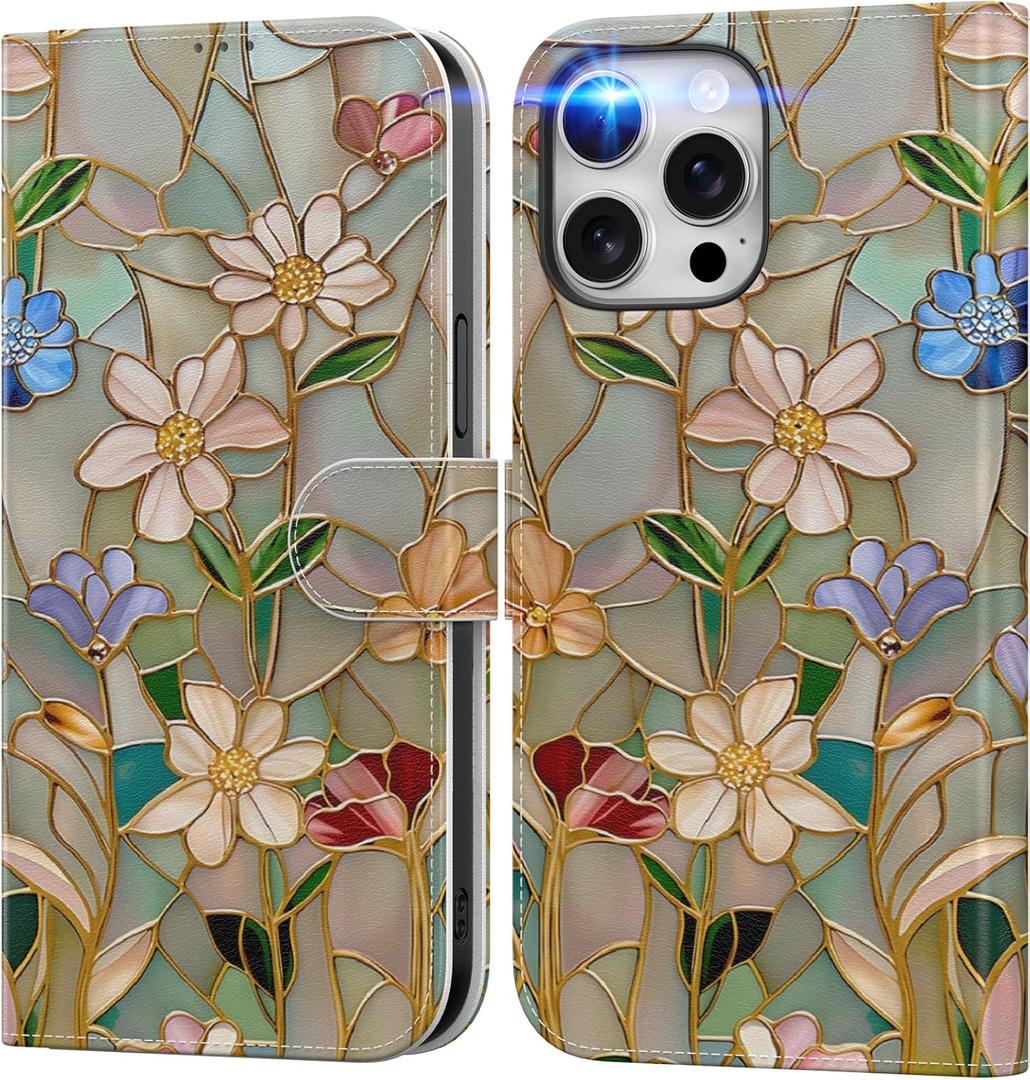 DEENAKIN for iPhone 15 Pro Wallet Case with Card Holder + Cash Clip, RFID-Blocking, Military-Grade Drop Protection & UV-Printed Artwork, Magnetic Closure with Leather Kickstand - Artistic Florals