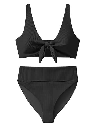 ANRABESS Bikini Sets for Women Summer High Waisted 2 Piece Bathing Suit Ribbed Tie Knot Swimsuit 2026 Beach Vacation Swimwear Black, L