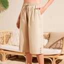 Schine Women Cozy Capri Pants Lightweight High Waist Elastic Drawstring Pants with Pockets Loose Button Trim Cropped Trousers (Beige, XXL)