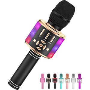 Amazmic Kids Karaoke Microphone Machine Toy Bluetooth Microphone Portable Wireless Karaoke Machine Handheld with LED Lights, Gift for Children Adults Birthday Party, Home KTV(Black Gold)