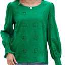 Women's Blouses Long Sleeve Embroidered Eyelet Tops with Lining Dressy Sheer O Neck Cotton Shirts Elegant Blouses 2025 (Green, XL)