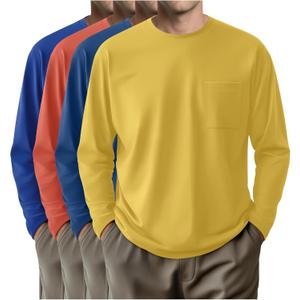 4 Pack Men's Big and Tall Shirts Long Sleeve Pocket T-Shirts Cotton Crew Neck Tops Comfy Slim Fit Breathable Tees (Dark Blue, Orange Red, Haze Blue, Yellow, ,4X-Large)