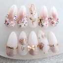 24Pcs Flower Press on Nails Medium Almond Fake Nails with Bow Rhinestones Designs Pink Acrylic Nails Glitter Glue on Nails Cute Floral False Nail Rose Flowers Stick on Nail for Women Nail Supplies