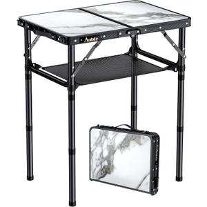 Anbte Folding Camping Table with Storage Net, 3 Adjustable Height Max 27.5" Aluminum Small Folding Table, Portable Table with Carry Handle, Lightweight, for Outdoor Indoor Travel Camping Picnic (White Marble Top)