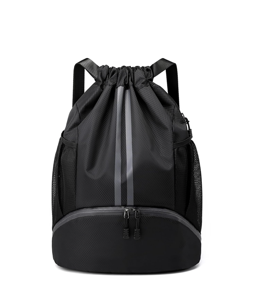 Black Drawstring Gym Bag for Men, Waterproof Drawstring Backpack for Women, Swim Bag with Shoes Compartment, Pull String Sport Bag for Soccer and Basketball.