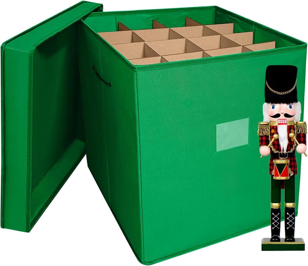 Christmas Nutcracker and Figurine Collectible Storage Box, Fits 16 Holiday Ornaments, Stores Up to 16" Tall Ornaments, Holiday Decor Organizer with Dividers, Nutcracker not Included(Green)