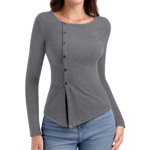 PINKMSTYLE Womens Asymmetrical Long Sleeve Shirt Casual Tunic Tops for Leggings Teacher Shirts (Gray, L)