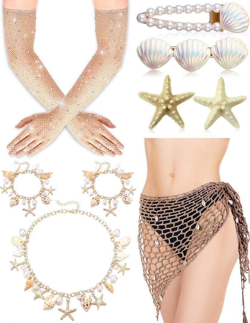 Coume 9 Pcs Halloween Mermaid Cosplay Costume Women Crochet Skirt Rhinestone Long Fishnet Gloves Necklace Bracelets Hair Clip