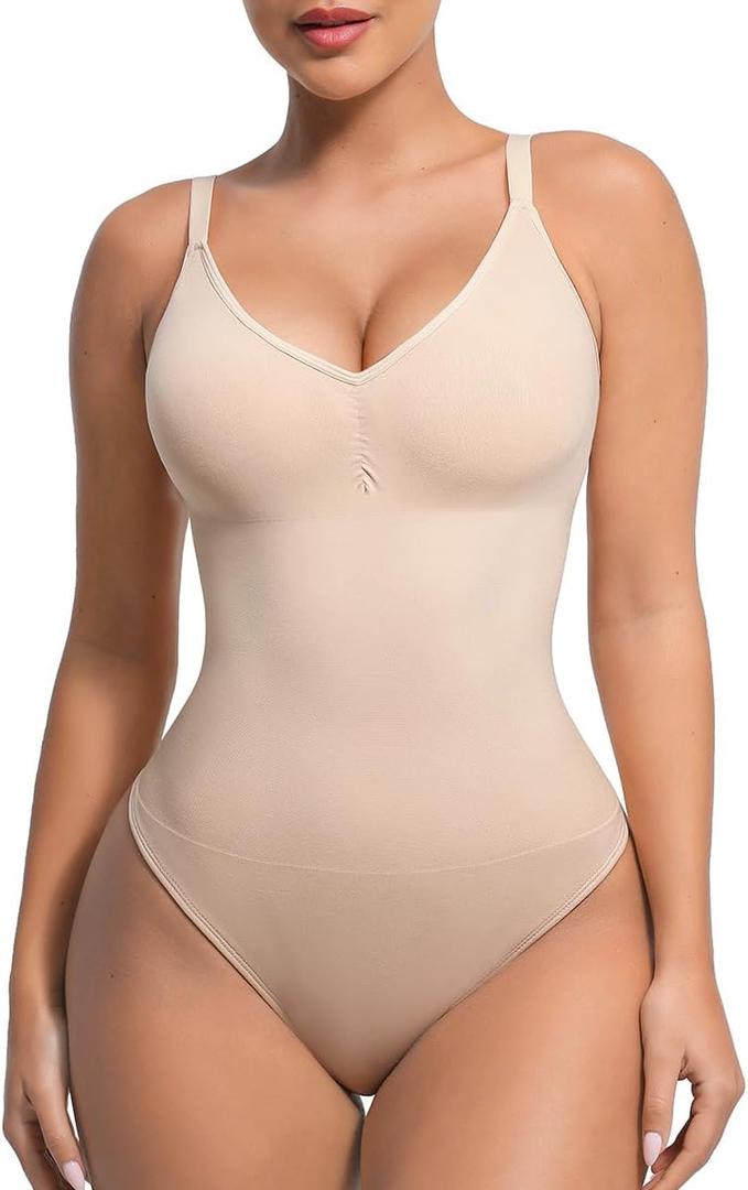 Lover-Beauty Shapewear Bodysuits for Women - Tummy Control Seamless Body Shaper Padded Thong (Medium-Large, Skin)