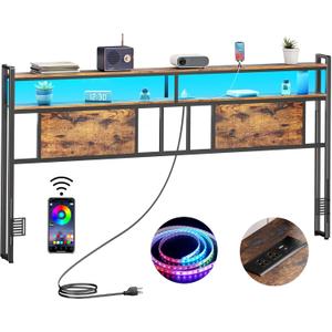 King Headboard with Storage, Bed Head Board with Outlets and USB Ports, Sturdy King Size Headboard Only with LED Lights, for Dorm, Easy Assemble, Rustic Brown (Wood Board)