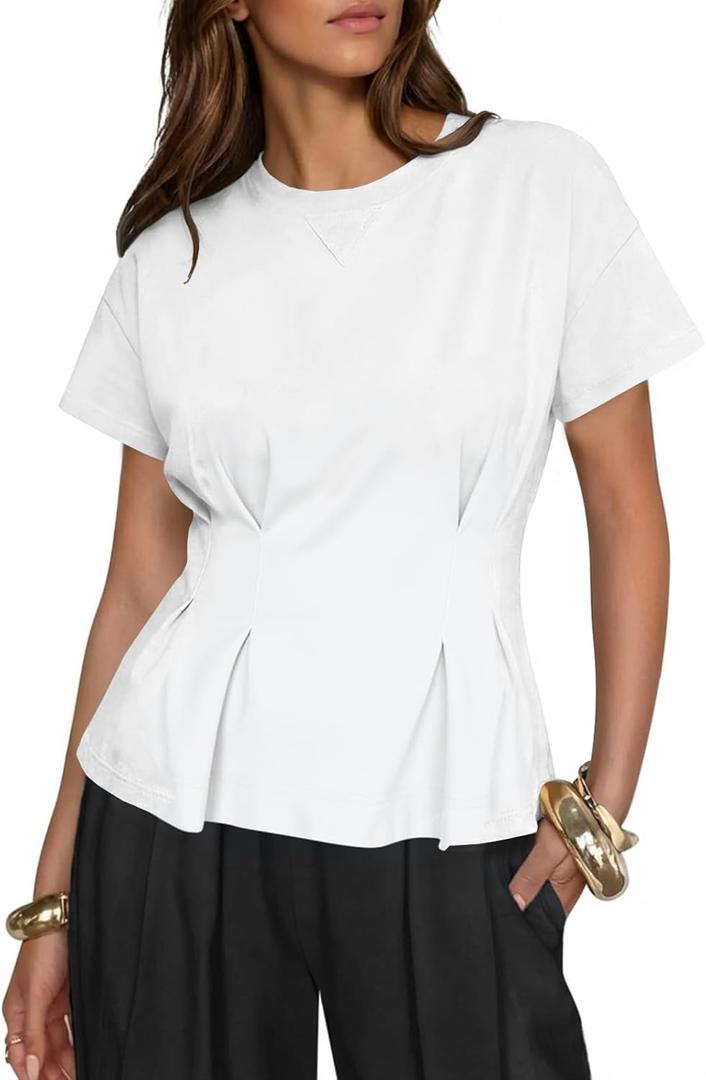Fisoew Womens Peplum Tops Short Sleeve Babydoll Summer T Shirts Casual Crop Crew Neck Pleated Blouses White, M