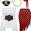 Women Pirate Costume Set - Renaissance Adult Costume With Head Scarf Hat for Carnival Mardi Gras Cosplay (Large, White)