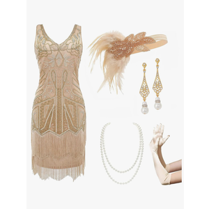 BABEYOND Women’s Flapper Dresses Set 1920s V Neck Beaded Fringed Great Gatsby Dress with Accessories Set S