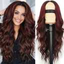AISI HAIR Long Wavy Black with Red Highlight Lace Hairline Wigs for Women, Middle Part Synthetic Heat Resistant Wig for Daily Party-26 Inch