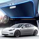 DMJN Front Windshield Sun Shade for Tesla New Model Y, Y & 3 (2017-2026), [Nano Ice-Crystal Coatings] UPF50+ Heat & UV Block, Protect Car Interior & Keep Cool, Flodable Steel-Ring Car Cover for Summer