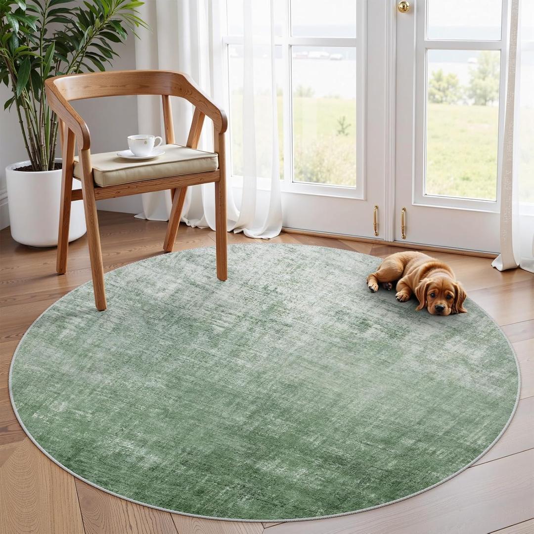 Lahome Abstract Green Round Rug 4ft Round Area Rug, Boho Washable Soft Rugs for Bedroom Circle Entryway Rug, Modern Ombre Non-Slip Carpet for Nursery Living Room Decor(4ft-Round,Green)