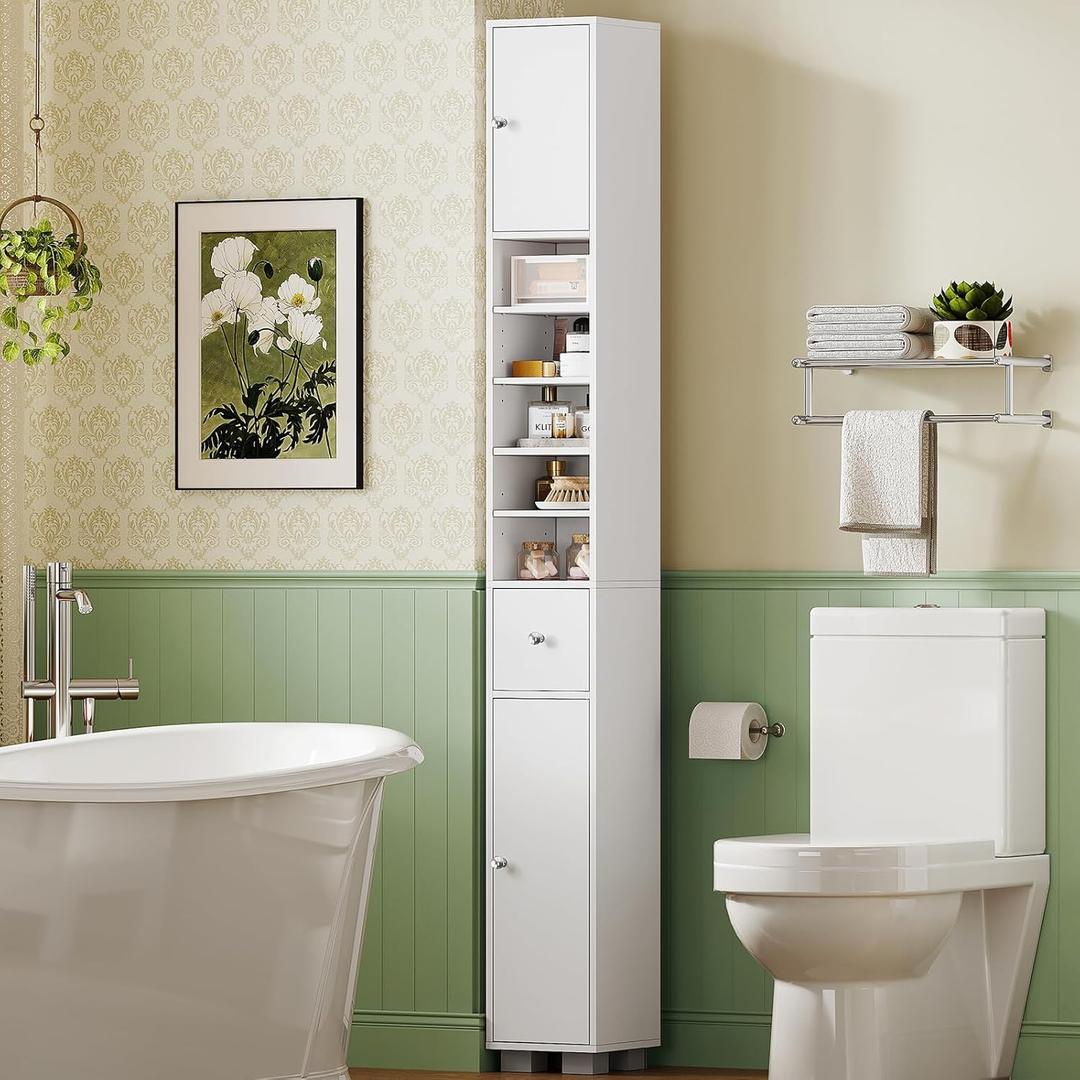 TEENFON Bathroom Cabinet, Narrow Bathroom Storage Cabinet with 5 Adjustable Shelves & Drawer, Freestanding Cupboard for Small Spaces, White