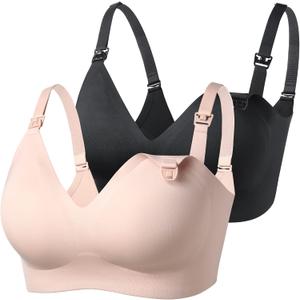 Momcozy Nursing Bras for Breastfeeding, YN21 Seamless Ultra Comfort Maternity Bra, Natural Shape, Pregnancy Sleep Bralette (Medium, Pack of 2, Black, Beige)