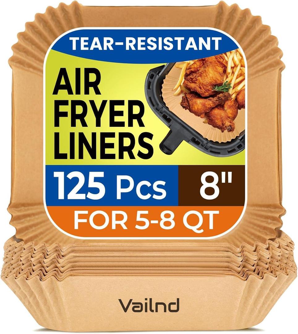 Air Fryer Paper Liners, 125Pcs Parchment Paper, Air Fryer Liners Disposable for Microwave, Non-Stick Air Fryer Liner Square Free of Bleach (8'')