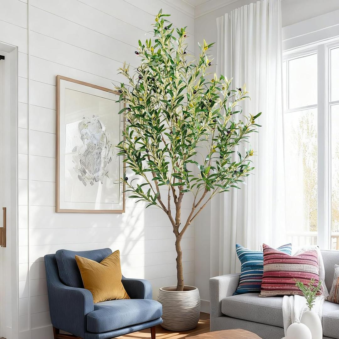 Erimda 6ft Artificial Olive Tree, Realistic Faux Olive Plant with Hand-Placed Fruits, Sturdy Fake Olive Tree for Living Room, Office, Modern Farmhouse Home Decor
