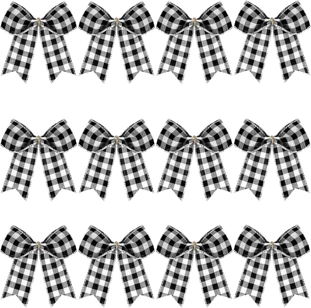 WILLBOND 12 Pieces Buffalo Plaid Bows Burlap Decorative Velvet Bows for Wreaths for Gift Wrap Christmas Party Decoration(Black and White,4 x 4 Inch)