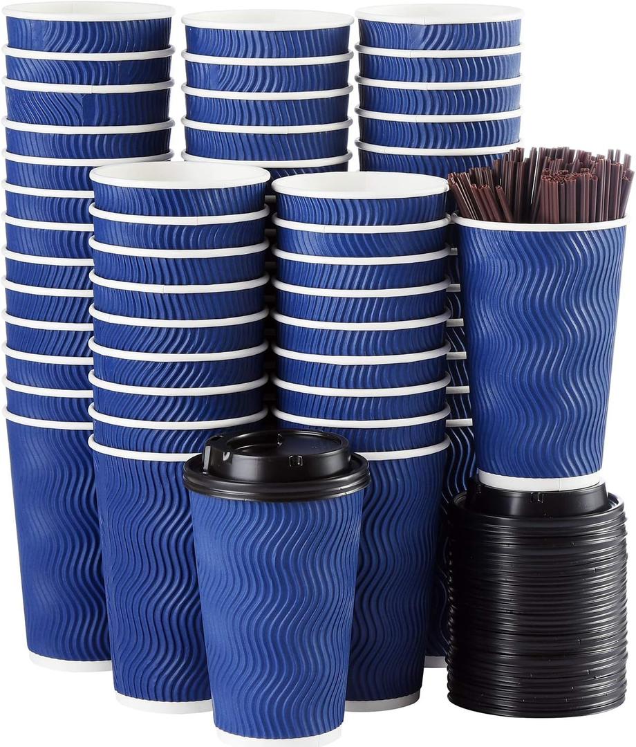 Disposable Coffee Cups with Lids and Straws - 16 oz (90 Set) Togo Hot Paper Coffee Cup with Lid To Go for Hot/Cold Beverages Espresso Tea Insulated Reusable Cold Drinks Ripple Cups Protect Fingers!, 90 Count