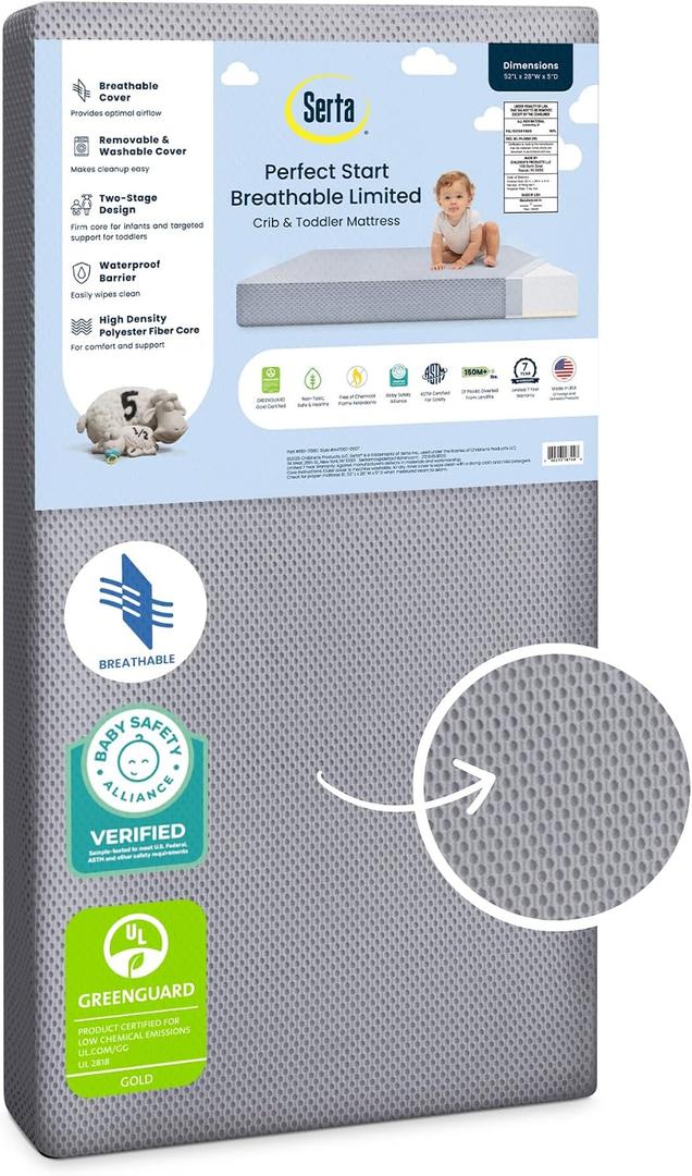 Serta Perfect Start Breathable Limited Two -Stage Crib Mattress and Toddler Mattress - Breathable Cover and Fiber Core, Machine Washable Cover, Waterproof, Made in USA