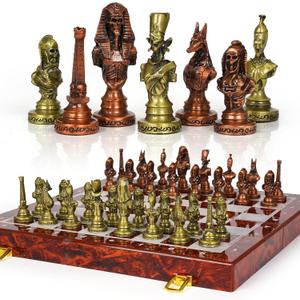 Large Egyptian Metal Chess Set for Adults  15 Inch Foldable Wooden Chess Board with Weighted Antique Chess Pieces  Vintage Luxury Game Gift for CollectorsClassic Board Game