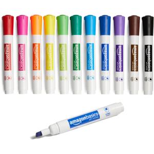 Amazon Basics Dry Erase Whiteboard Markers, Chisel Tip, Low-Odor, Assorted Colors, 12-Pack, Erase Easily