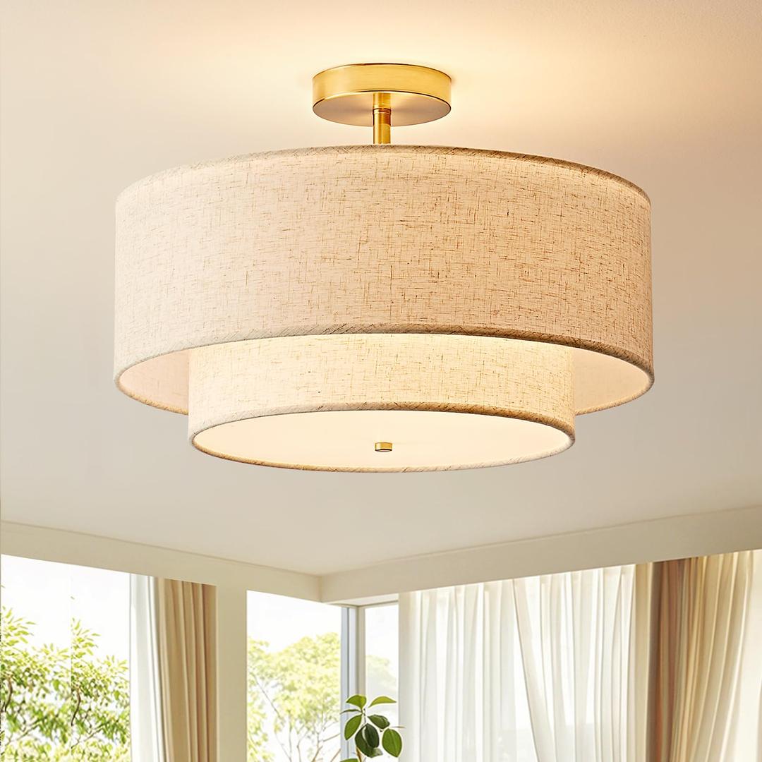 YETNGLT 18 Inch Double Drum Large Semi Flush Mount Ceiling Light, 3-Light Classic Fabric Linen Shade Design Farmhouse Gold Light Fixture for Living Room, Bedroom, Kitchen, Dining Room