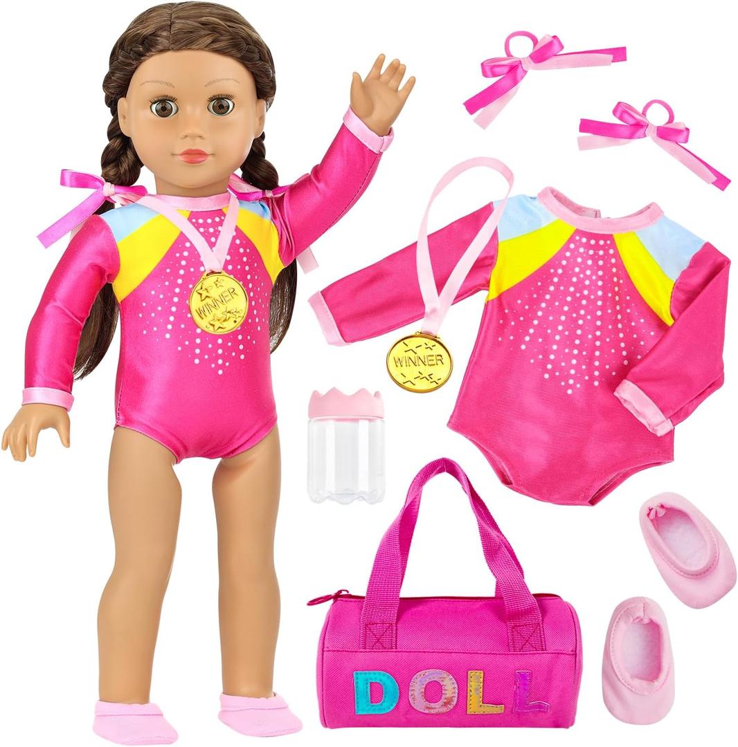 K.T. Fancy 18 Inch Doll Gymnastics Clothes Set - Pink Leotard, Shoes, Gym Bag, Olympic Medal, Water Bottle & Hair Accessories for Doll Play, Doll Not Included