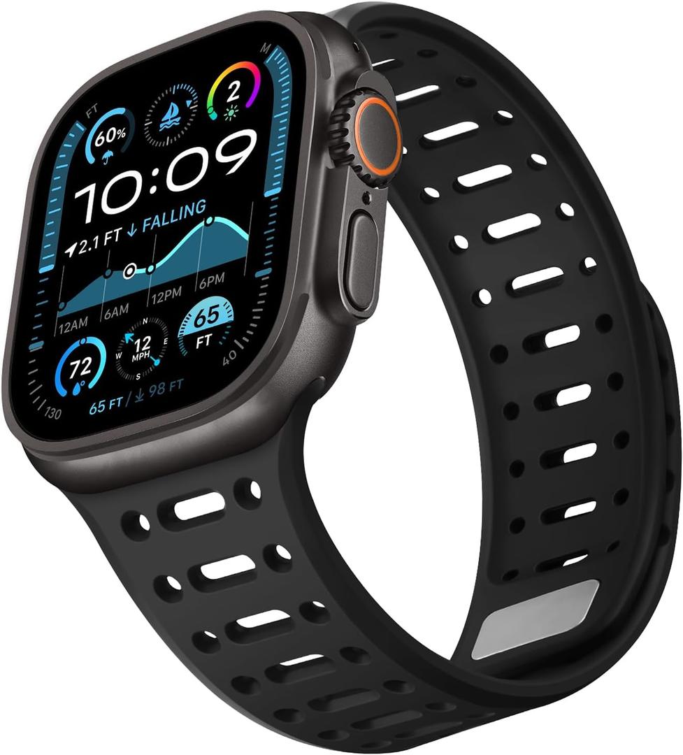 Compatible with Apple Watch Band 49mm 46mm 45mm 44mm 42mm 41mm 40mm 38mm, Magnetic Silicone Sport Breathable Strap for iWatch Ultra 3/2/1 SE3 Series 11 10 9 8 7-1 (49/46/45/44/42, Black)