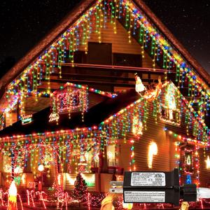 Christmas Lights Outdoor Icicle Lights 300LED 33FT 8 Modes, Connectable Hanging Fairy String Lights with 30V UL Plug in for Valentine Wedding Party Eave Garden Wall Indoor Decor, Multicolor