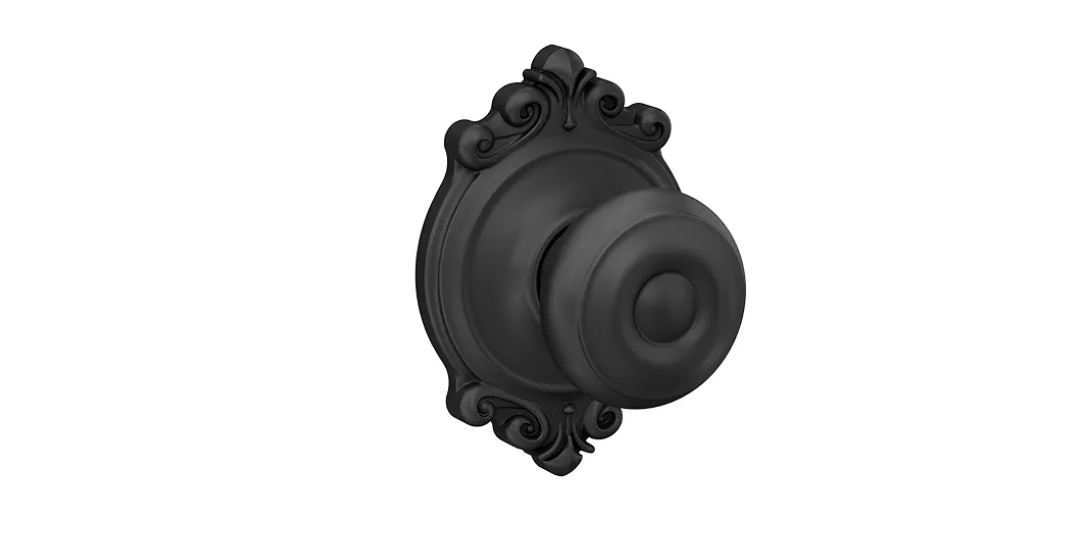 Schlage F10 GEO 622 BRK Georgian Door Knob with Brookshire Trim, Hall & Closet Passage Lock, Matte Black