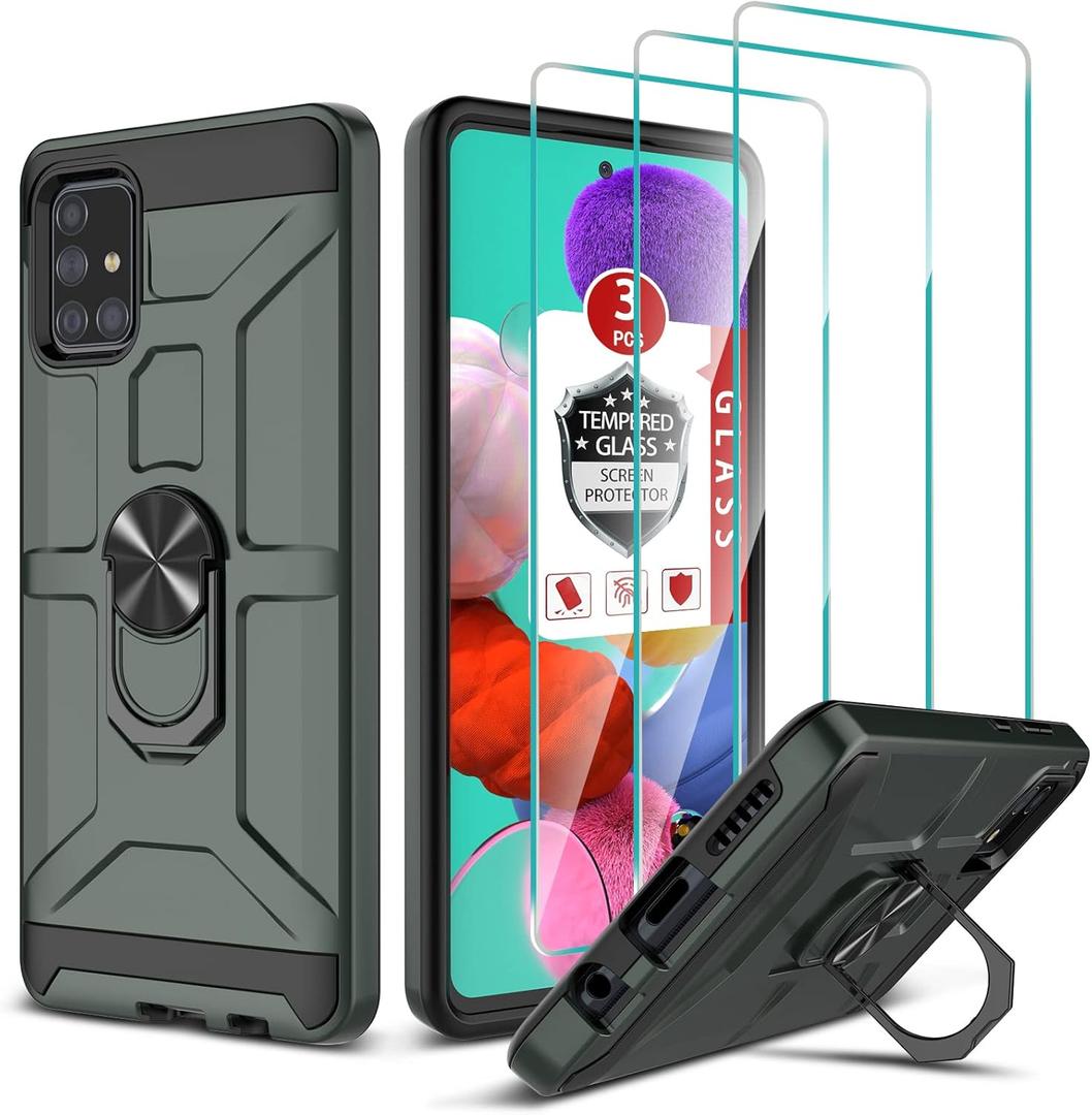 for Galaxy A71 4G Case, Case for Galaxy A71 4G with 3X Tempered Glass Screen Protector, Built-in Ring Kickstand and Magnetic Car Mount Shockproof Dropproof Military Grade Armor Rugged Case, Dark Green