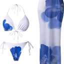 Verdusa Women's 3 Piece Floral Print Bikini Sets Swimsuit with Mesh Maxi Skirt Blue Small