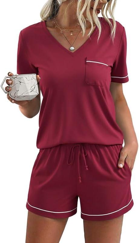 Litherday Womens Pajama Sets Short Sleeve Pajamas Soft Pjs Sleepwear V Neck Tops & Shorts with Pockets  (Wine Red, M)