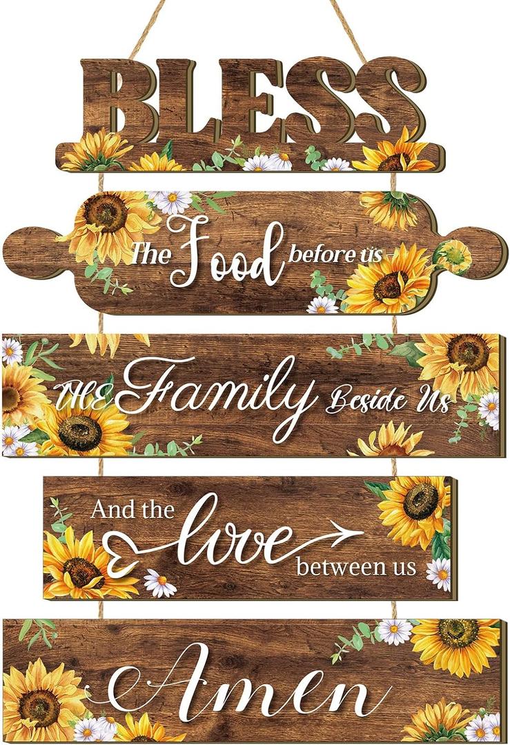 Sintuff Sunflower Kitchen Wall Decor Bless The Food Before Us Sign Farmhouse Wooden Signs Rustic Dining Room Wall Art Country Vintage Hanging Decoration for Home Kitchen Room(Classic Style)