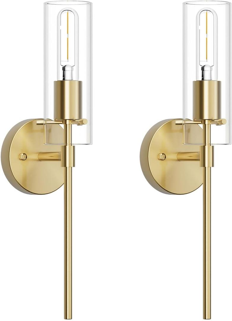 Wall Sconce Set of 2 Brass Wall Light, Farmhouse Vanity Light Fixture Modern Indoor Wall Light with Clear Glass Shade for Bathroom Bedroom Living Room Hallway Vanity