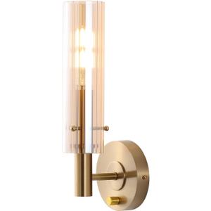 BYOLIIMA Modern Wall Sconces with Striped Amber Glass Shades Gold Brushed Brass Bathroom Vanity Light Fixtures Dimmer ON/Off Switch Indoor Wall Light for Mirror Living Room Bedroom Hallway Staircase