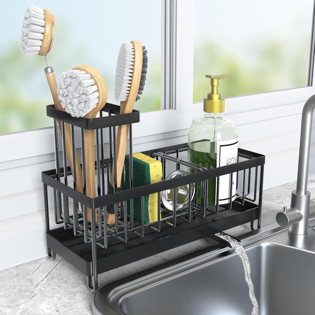Dream Sponge Holder for Kitchen Sink, Sink Caddy with High Separable Brush Holder, Countertop Rustproof Stainless Steel Soap Dispenser and Storage, Auto Drainage Kitchen Sink Organizer (Black)