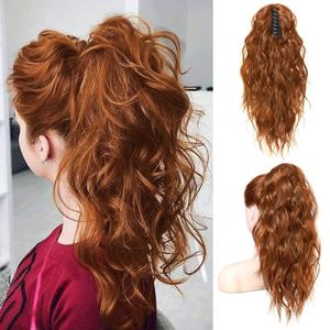 Flufymooz Ponytail Extension - 18 Inch Wavy Curly Claw Clip in Ponytail Hair Extensions, Natural Fake Synthetic Hairpiece for Women (Dark Cooper Red)