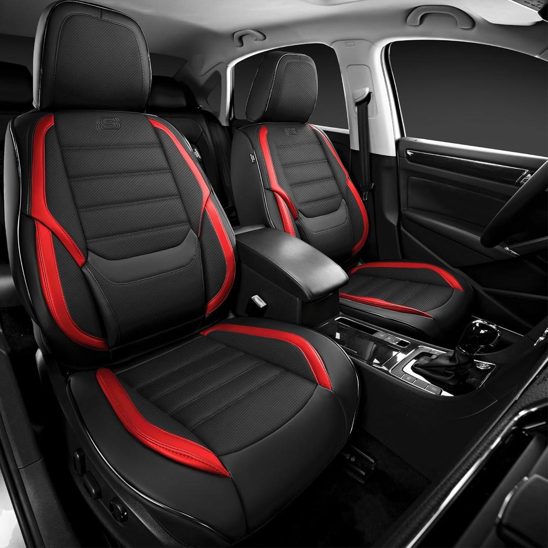 Skechers MAX Cushioning Seat Covers,Memory Foam Leather Car Seat Covers,Waterproof Car Seat Protector Front Seats,Car Seat Cushion Airbag Automotive Universal Fit for Most Cars,Vans,Trucks,SUV,Red (Black and Red)