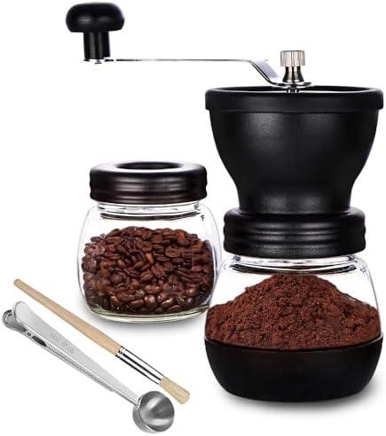 PARACITY Manual Coffee Bean Grinder with Ceramic Burr, Hand Coffee Grinder Mill Small with 2 Glass Jars( 11OZ per Jar) Stainless Steel Handle for Drip Coffee, Espresso, French Press, Turkish Brew
