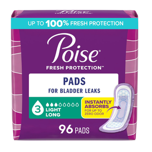 Poise Incontinence Pads & Postpartum Incontinence Pads, 3 Drop Light Absorbency, Long Length, 96 Count (4 Packs of 24)