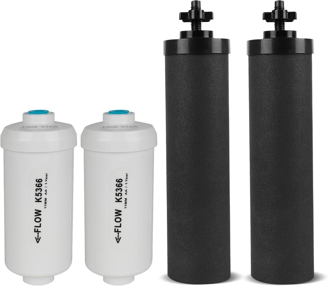 Gravity Water Filter Replacement, for Berkey Black Carbon (BB9-2) Purification Elements and Fluoride Filters K5366 (PF-2) Combo Pack, Compatible with Berkey Filtration System, Pack of 4